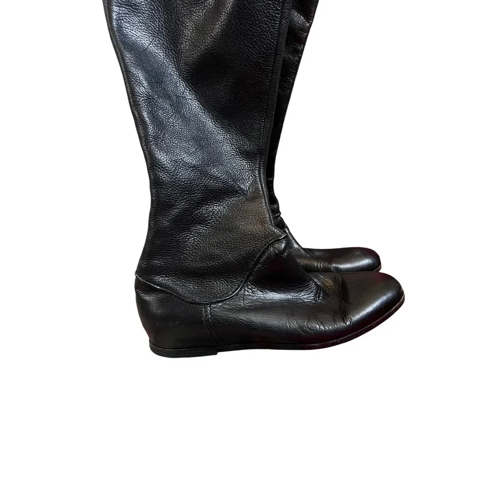 Via Spiga Black Leather Knee High Boots Zip Back Wedge‎ Heel Womens Size 8